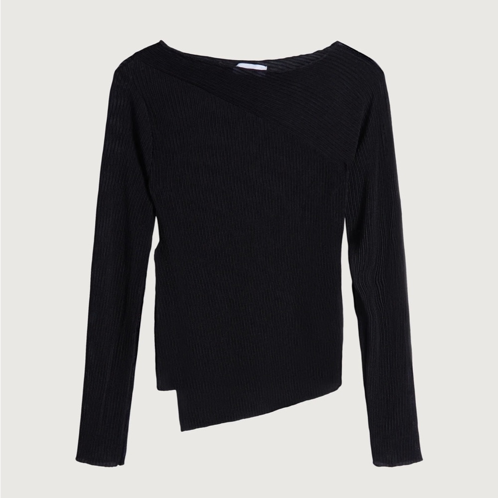 OAK + FORT ASYMMETRICAL SLIT BLACK MESH RIBBED TOP IN SIZE SMALL - Picture 3 of 3